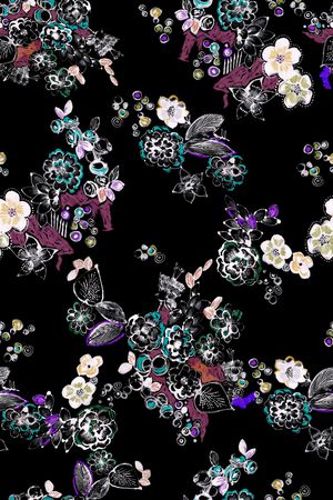 黑底花卉印花华亿平台图片