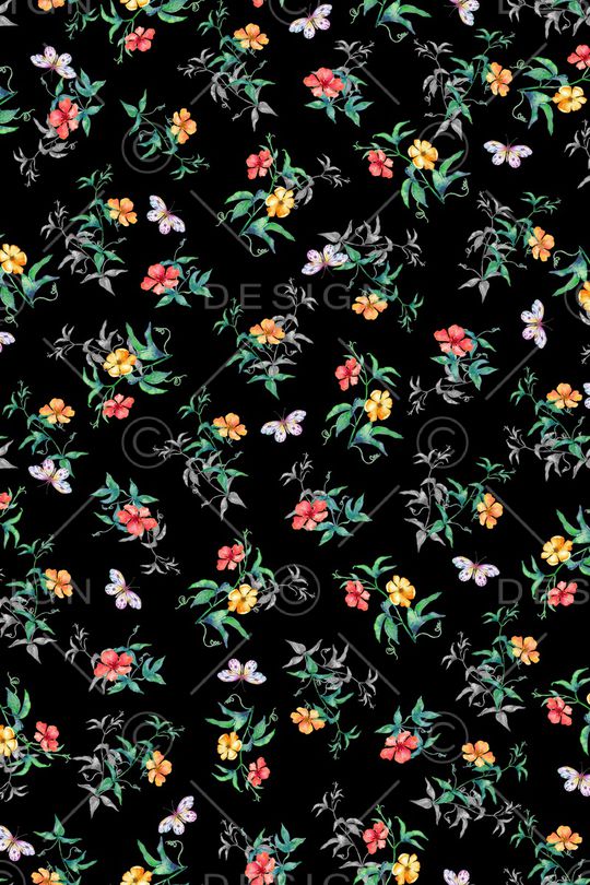 黑底花卉印花华亿平台图片