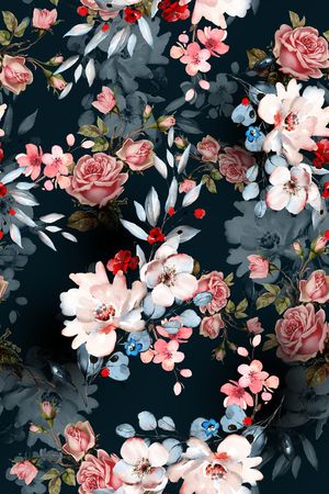 黑底花卉印花华亿平台图片