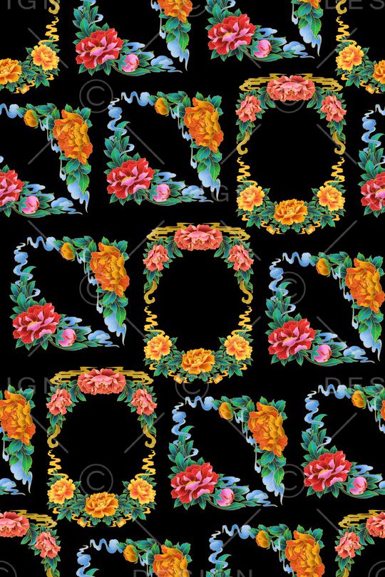 黑底花卉印花华亿平台图片