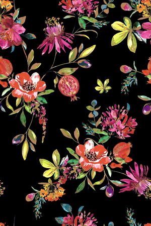 黑底花卉印花华亿平台图片