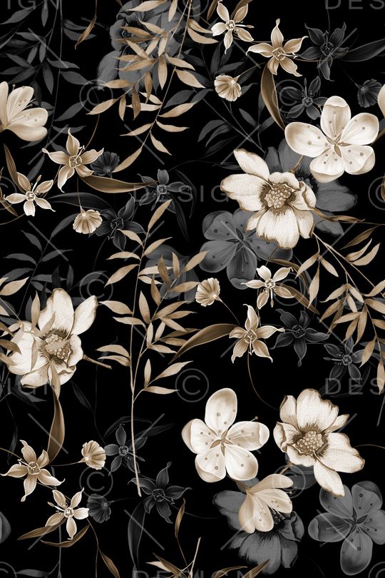 黑底花卉印花华亿平台图片