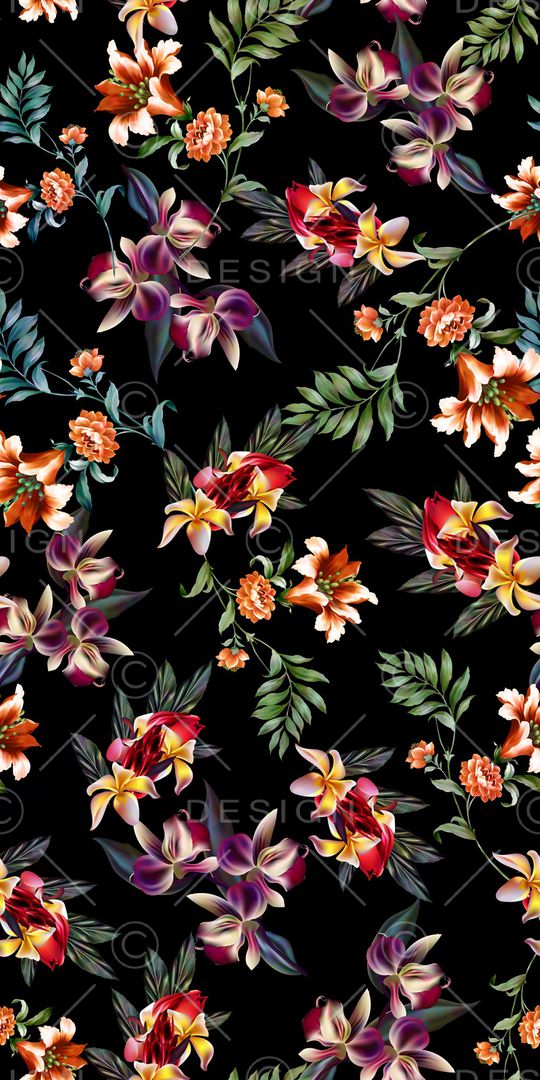 黑底花卉印花华亿平台图片