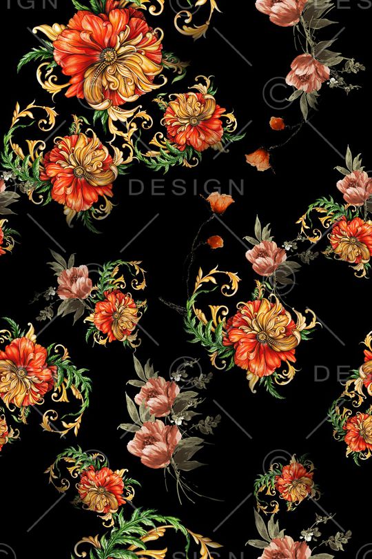 黑底花卉印花华亿平台图片