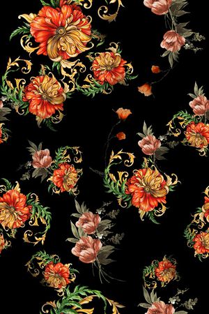 黑底花卉印花华亿平台图片