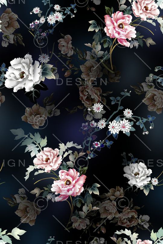 黑底花卉印花华亿平台图片