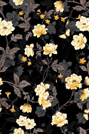 黑底花卉印花华亿平台图片