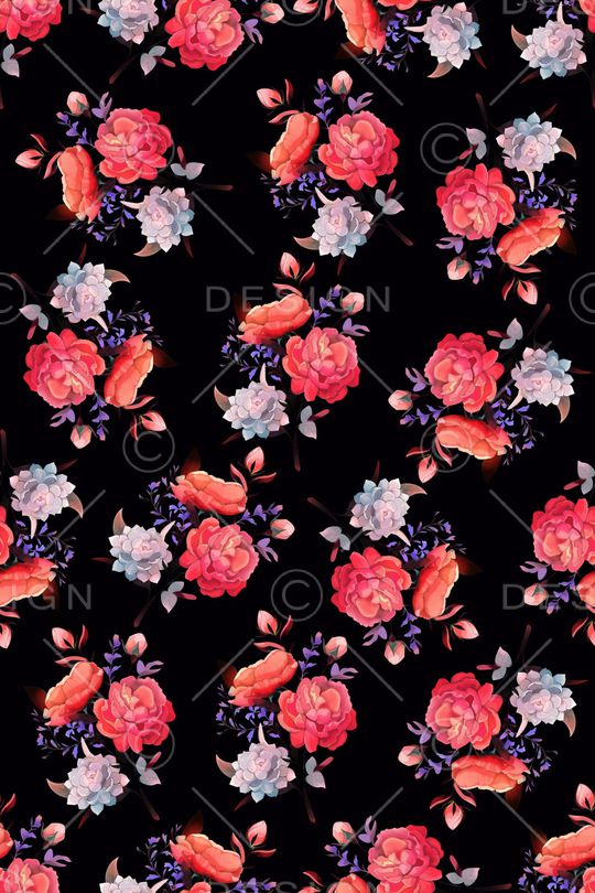 黑底花卉印花华亿平台图片