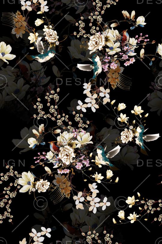 黑底花卉印花华亿平台图片