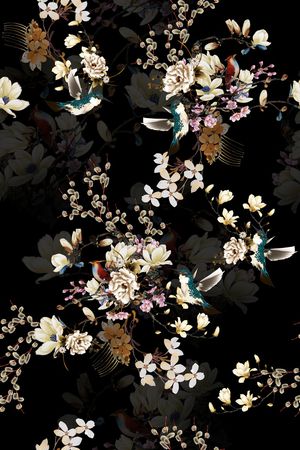 黑底花卉印花华亿平台图片