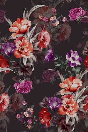 黑底花卉印花华亿平台图片