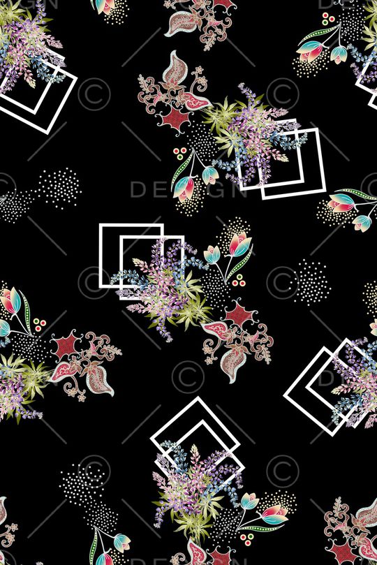 黑底花卉印花华亿平台图片