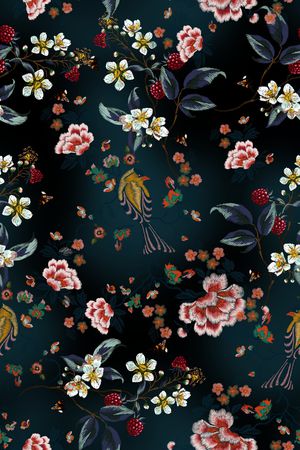 黑底花卉印花华亿平台图片