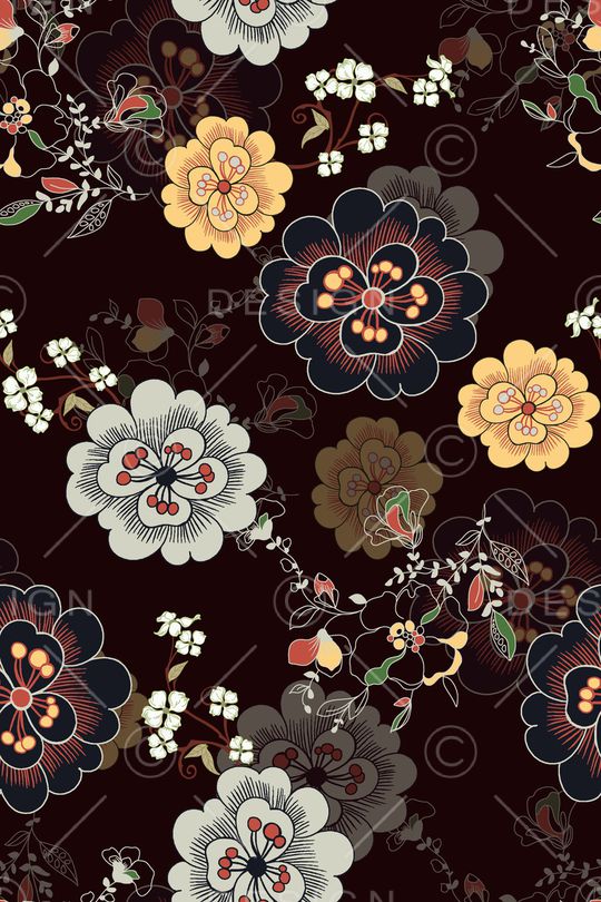 黑底花卉印花华亿平台图片