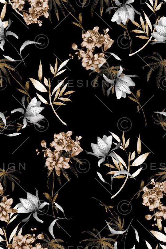 黑底花卉印花华亿平台图片