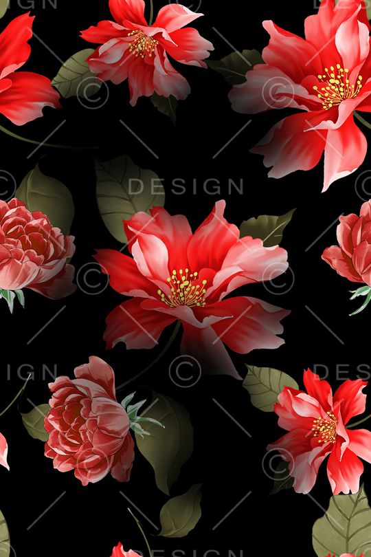 黑底花卉印花华亿平台图片