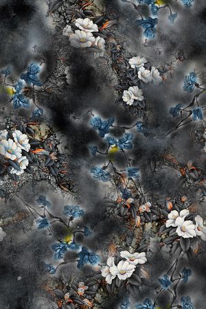 黑底花卉印花华亿平台图片