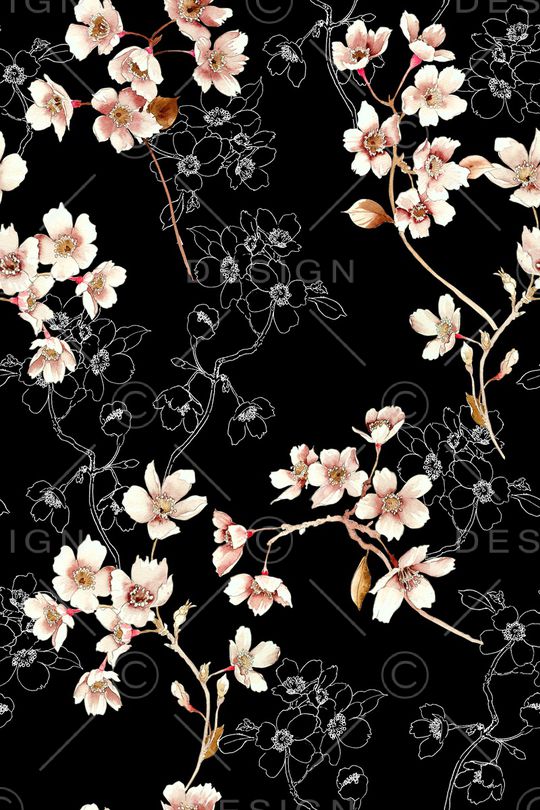 黑底花卉印花华亿平台图片