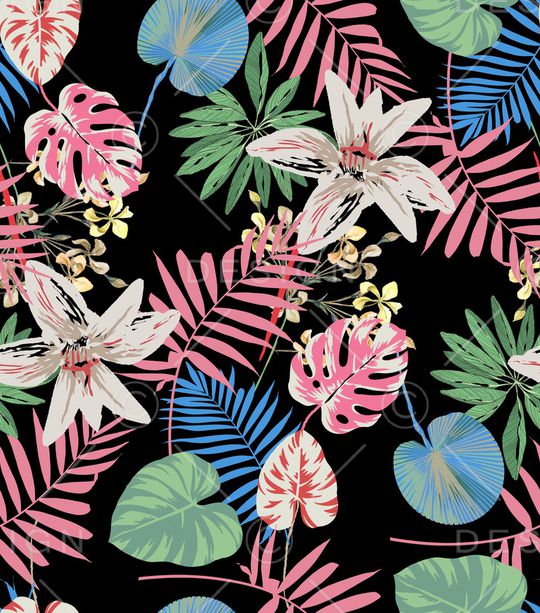 黑底花卉印花华亿平台图片