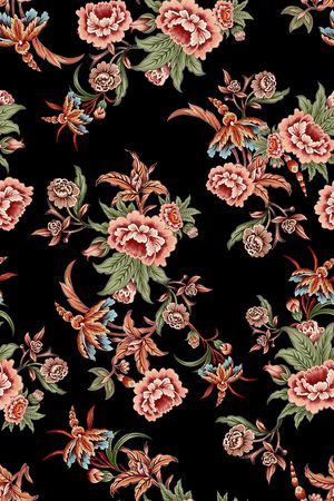 黑底花卉印花华亿平台图片