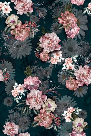 黑底花卉印花华亿平台图片