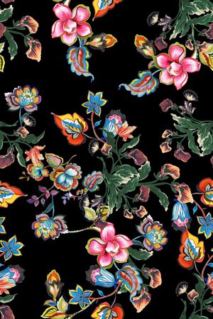 黑底花卉印花华亿平台图片