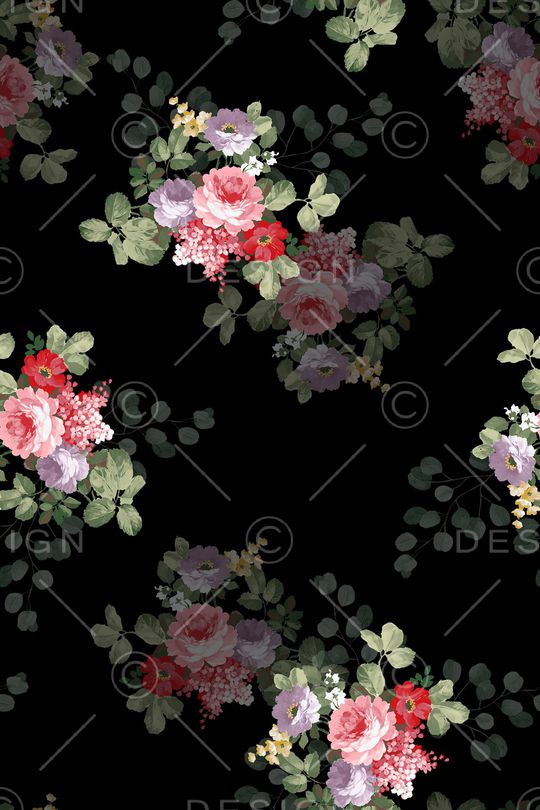 黑底花卉印花华亿平台图片