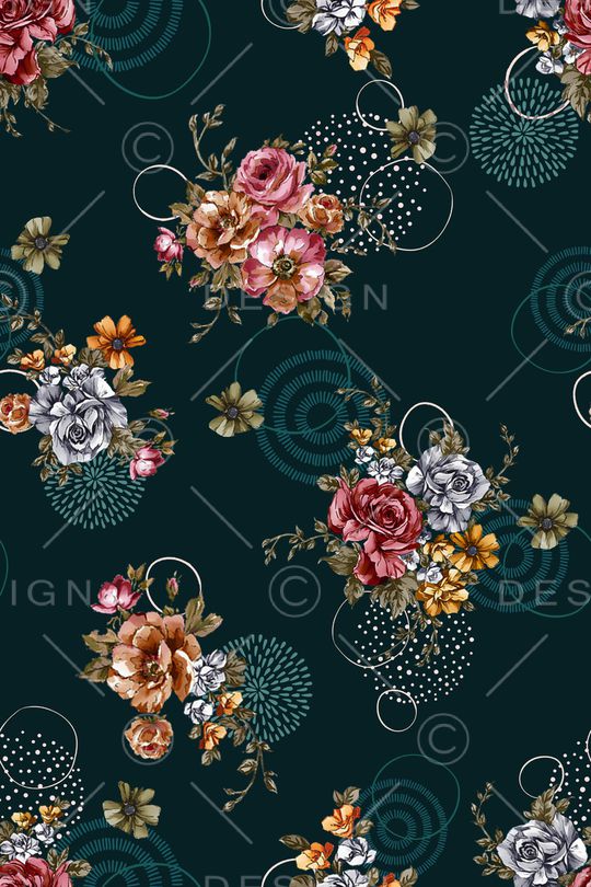 黑底花卉印花华亿平台图片