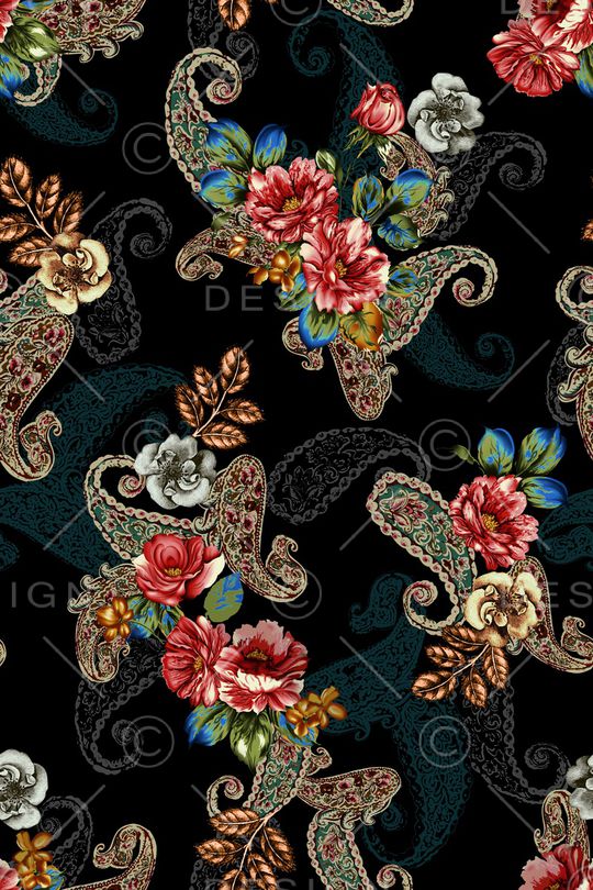 黑底花卉印花华亿平台图片