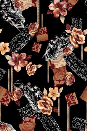 黑底花卉印花华亿平台图片