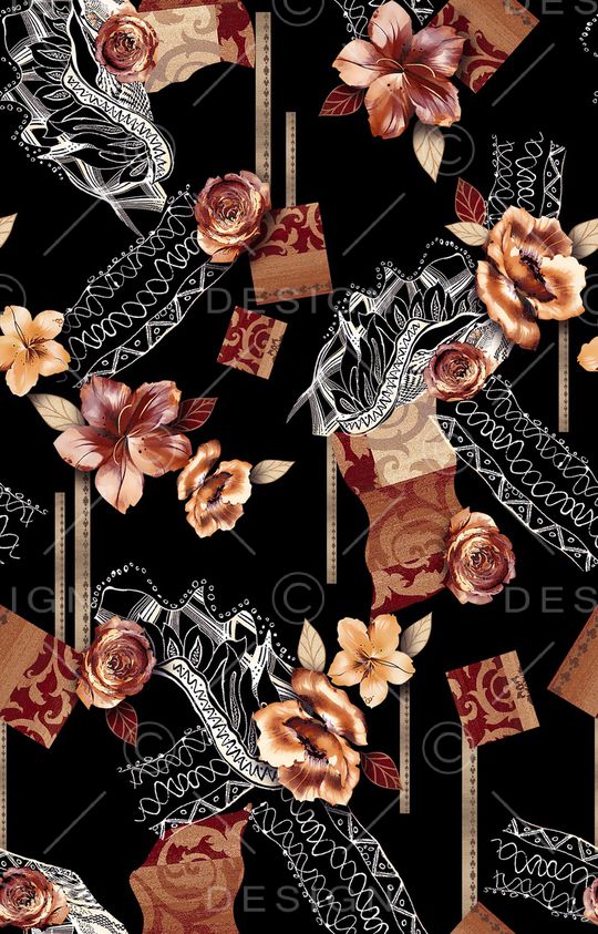 黑底花卉印花华亿平台图片