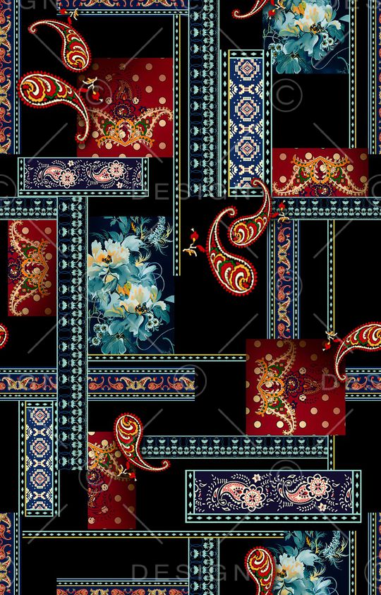 黑底花卉印花华亿平台图片