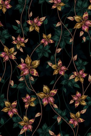 黑底花卉印花华亿平台图片