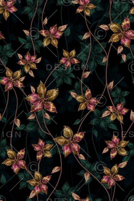 黑底花卉印花华亿平台图片