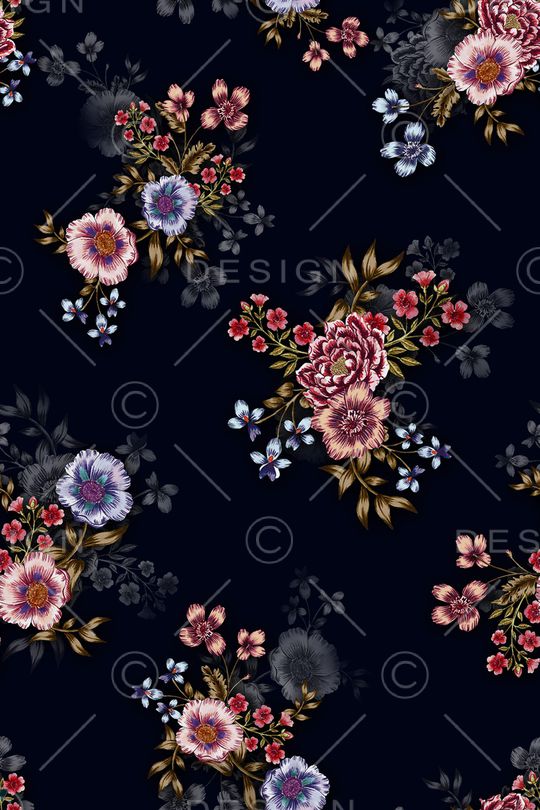 黑底花卉印花华亿平台图片