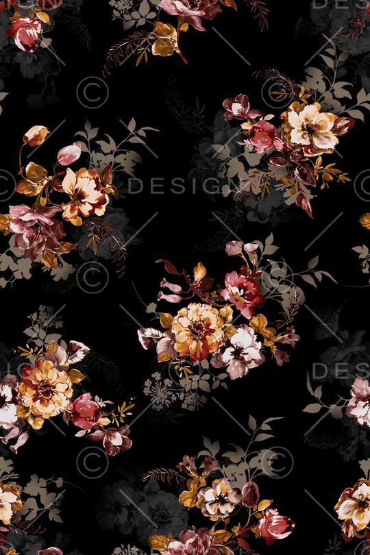 黑底花卉印花华亿平台图片