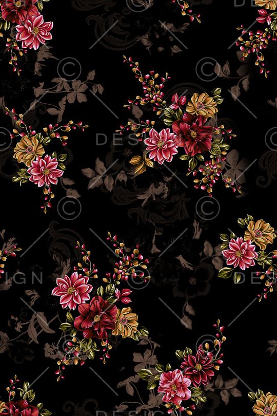 黑底花卉印花华亿平台图片