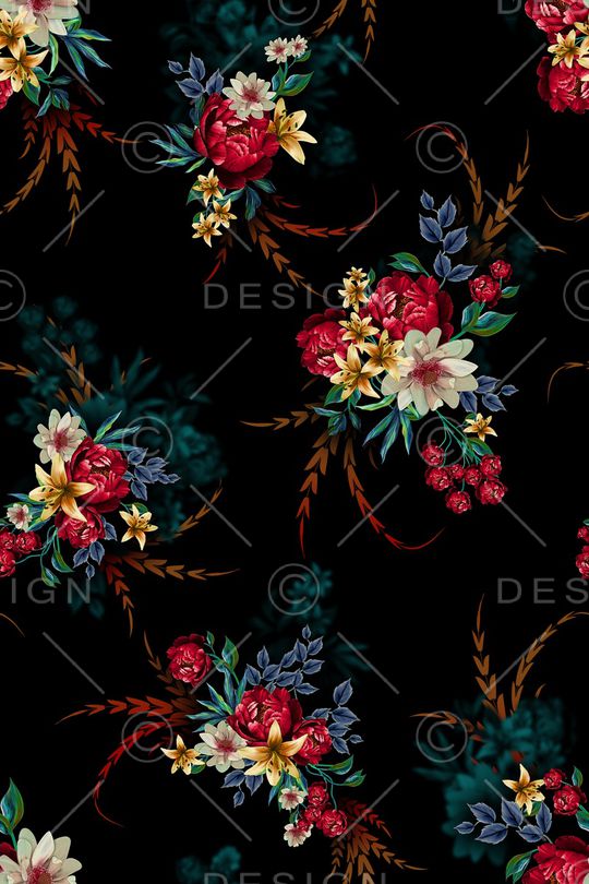 黑底花卉印花华亿平台图片