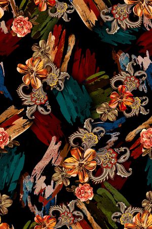 黑底花卉印花华亿平台图片