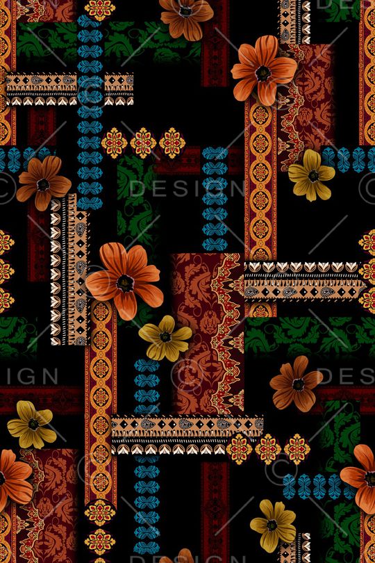 黑底花卉印花华亿平台图片