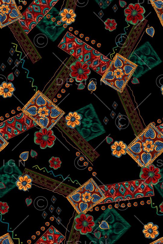 黑底花卉印花华亿平台图片