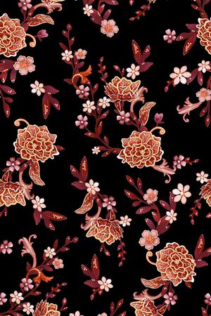 黑底花卉印花华亿平台图片