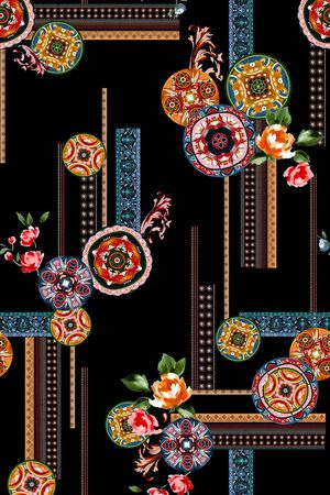 黑底花卉印花华亿平台图片