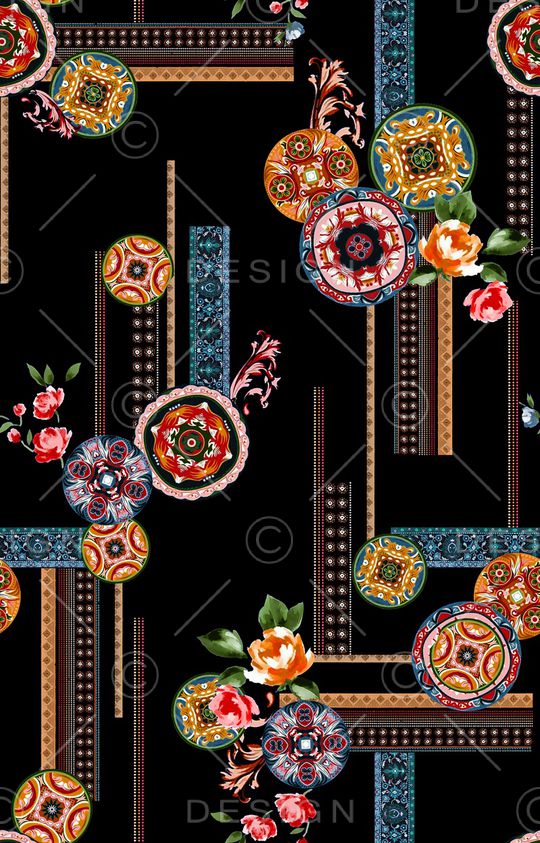 黑底花卉印花华亿平台图片