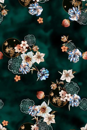 黑底花卉印花华亿平台图片