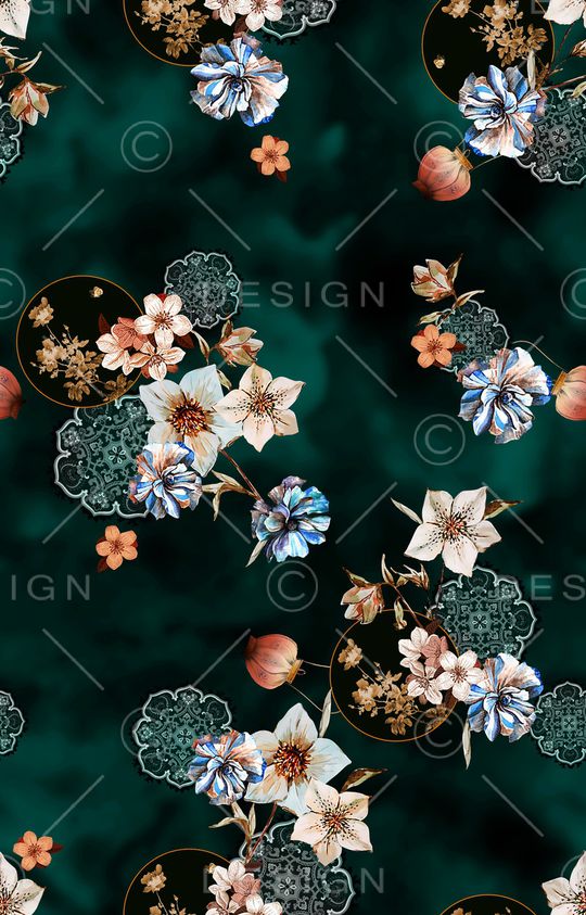 黑底花卉印花华亿平台图片