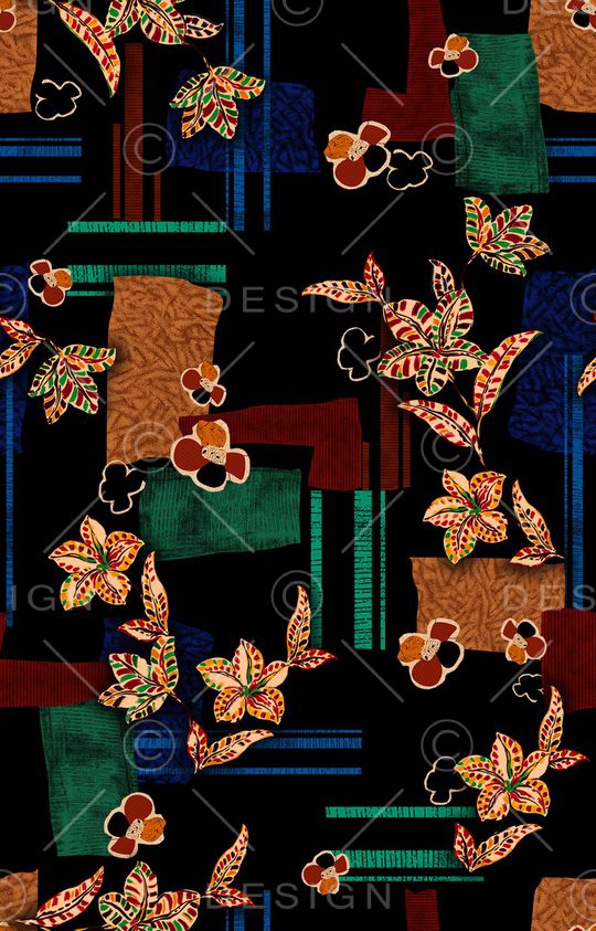 黑底花卉印花华亿平台图片