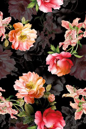 黑底花卉印花华亿平台图片