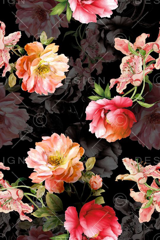 黑底花卉印花华亿平台图片