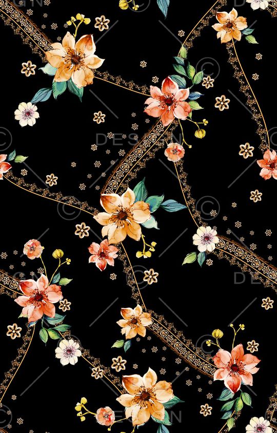 黑底花卉印花华亿平台图片